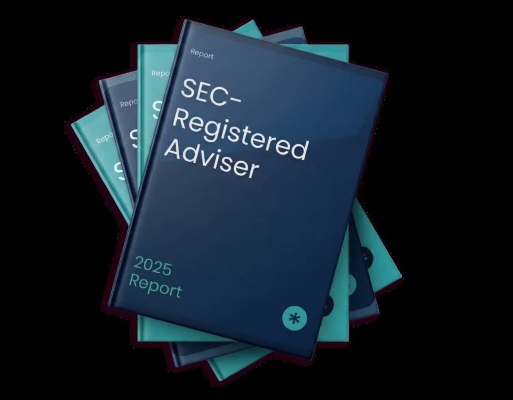 Stack of report book covers labeled SEC Registered Adviser with 2025 Report on a transparent background